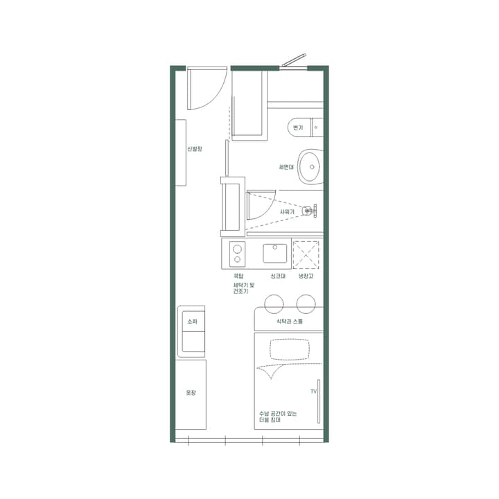 Floor plan illustration of the Premium Suite Double (Bench Layout) with all labels in Korean, showing the bathroom (변기, 세면대, 샤워기), kitchen (싱크대, 냉장고, 쿡탑), and living area (더블 침대, 소파, 옷장).