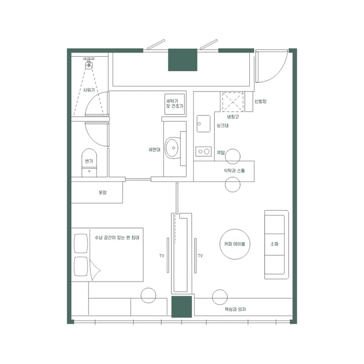 Detailed floor plan illustration of the One Bedroom Luxe Suite with Korean labels, showing the separate living room (소파, 커피 테이블, 책상과 의자) and bedroom (퀸 침대, 옷장) and the combined bathroom/laundry area.
