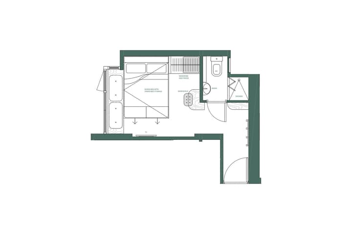 Green and white floor plan diagram for a compact queen plus studio unit. The layout includes a queen bed with under-bed storage, a small desk and TV area, a wardrobe and fridge area, a shoe rack, and a separate bathroom with a shower, basin, and WC.