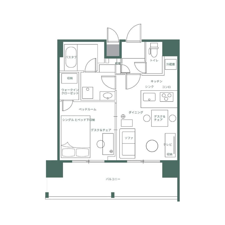 Detailed floor plan of the One Bedroom Plus unit with Japanese labels, featuring a walk-in closet, double bed, and separate living/dining areas.