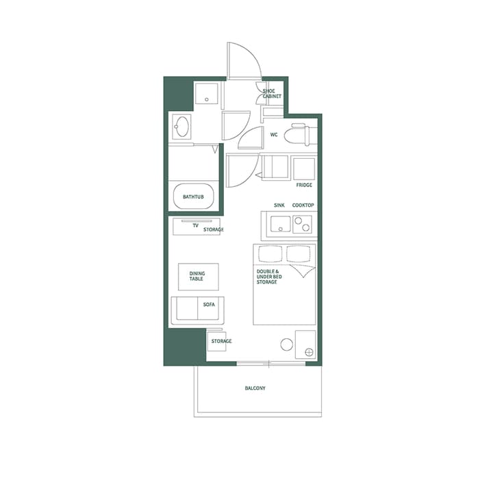 Detailed floor plan for the Asakusa One Bedroom Unit A, showing the layout of the bathroom with a bathtub, kitchen, dining/living area, and double bed with storage.
