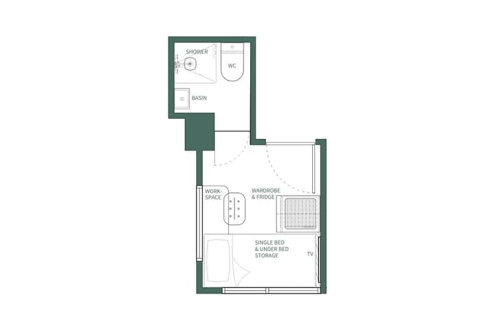 A black and white floor plan diagram for a studio single unit, showing a single bed with under-bed storage, a workspace, wardrobe, fridge, and an attached private bathroom with a shower and toilet.