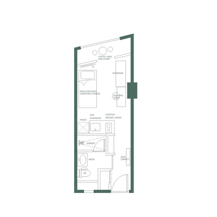Detailed floor plan illustration of the long, narrow Urban Plus Suite, showing the layout from the bathroom (WC, Shower) to the kitchen (Fridge, Cooktop, Microwave, Washer/Dryer), and the living/sleeping area with a single bed, wardrobe, desk, and small coffee table.