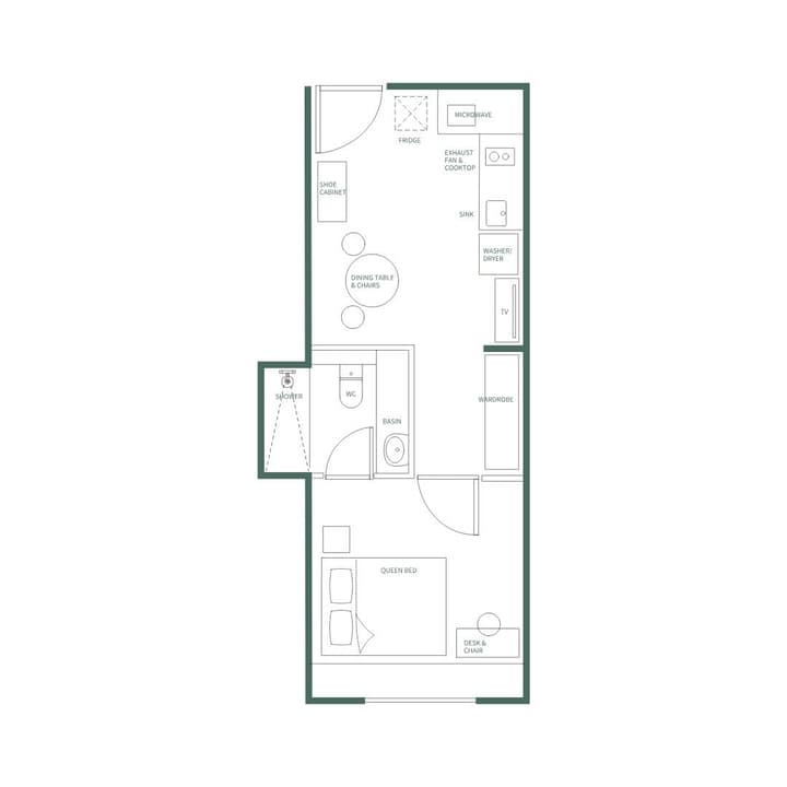 Architectural floor plan of a narrow, one-bedroom apartment showing a combined living/kitchen area, a separate full bathroom, and a bedroom with a queen bed.