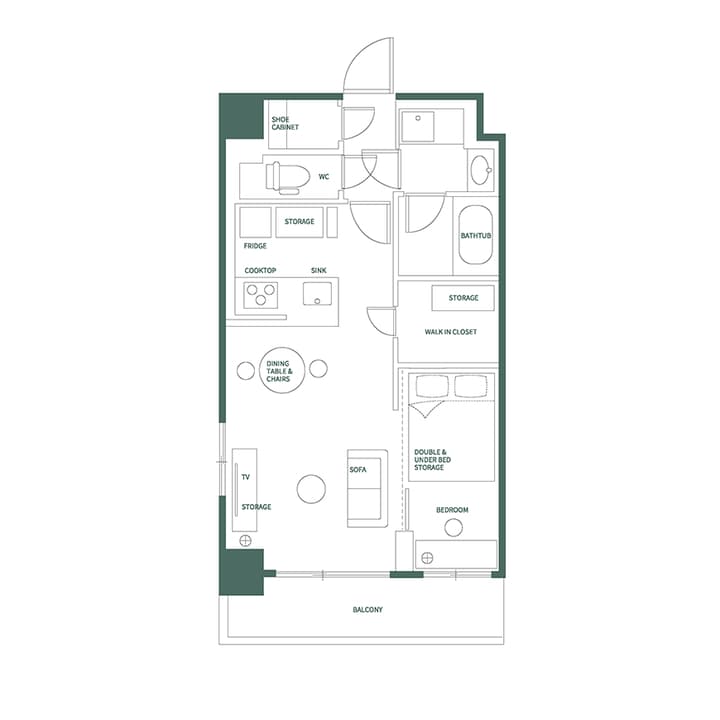 English language floor plan for the One Bedroom Plus unit in Morishita, detailing the layout with a sofa, dining area, walk-in closet, kitchen, balcony, and separate bathroom areas.
