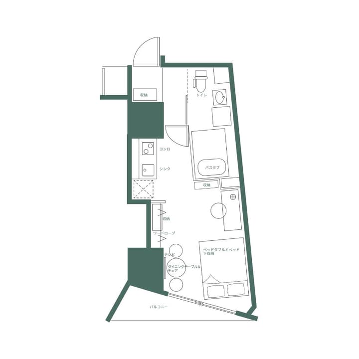 Schematic floor plan of the Weave Place Ueno South Urban Unit (1R) with Japanese labels, detailing the entry, kitchen, bathroom, toilet, wardrobe, and combined living/sleeping area.
