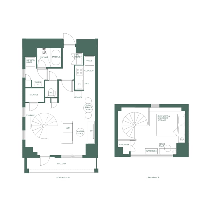 Floor plan (Type L 501) of a duplex apartment showing the lower floor with a living room, kitchen, and bathroom (with shower/tub and washer/dryer), and the upper floor loft bedroom.