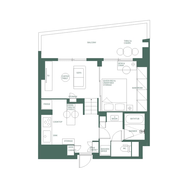 Detailed floor plan for a studio or one-bedroom apartment unit (Type AW 101) showing a living area, kitchen, bathroom, balcony, and a loft/mezzanine sleeping area with a queen bed.