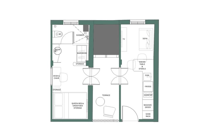 Architectural floor plan for the Midtown One Bedroom Suite showing a separated bedroom, a full kitchenette with a washer/dryer, a dedicated terrace area, and a separate living/dining space.