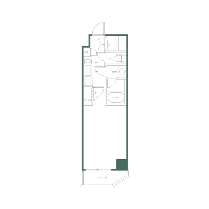 Floor plan for a studio apartment, Unit D2, showing the layout with a compact kitchen, bathroom, wardrobe, and balcony, with labels in Japanese.
