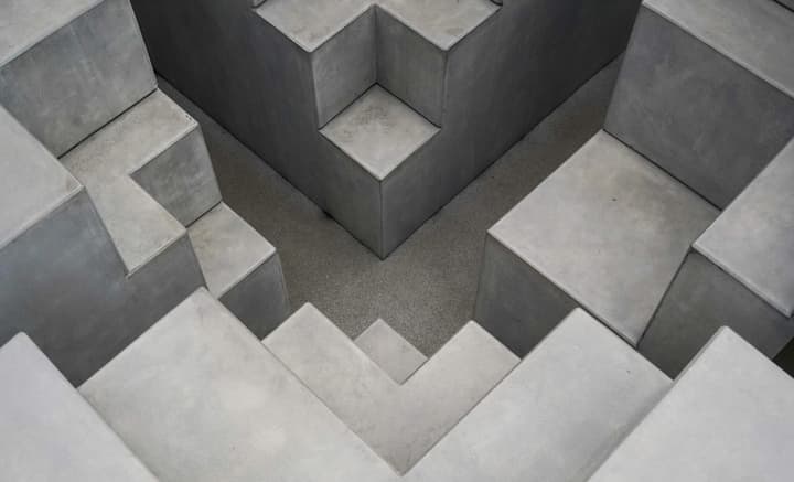 A high-angle view of an abstract architectural design composed of light gray concrete blocks arranged in symmetrical, jagged, and layered steps, creating a sharp, geometric pattern.