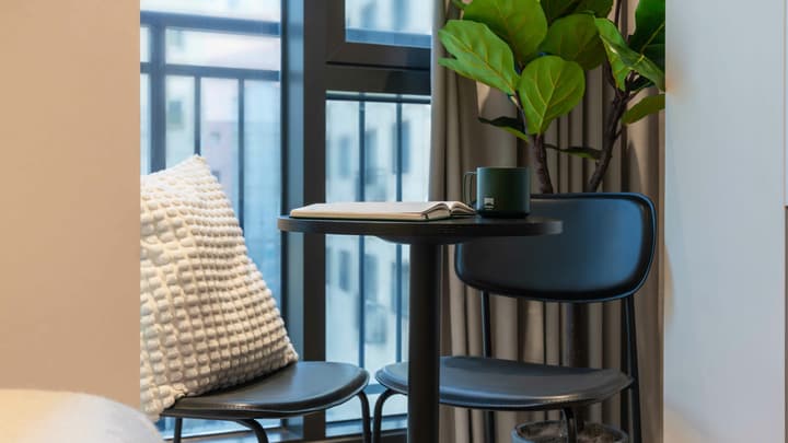 Close-up view of a cozy seating area near a window, featuring a small black coffee table, two dark chairs (one with a textured white pillow), a dark green mug, and a tall fiddle-leaf fig plant.