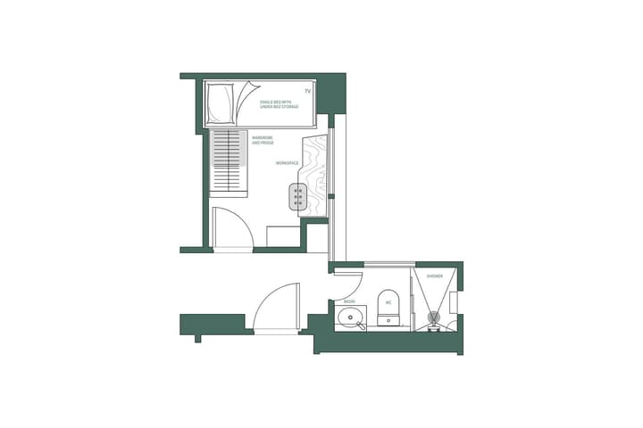 Top-down floor plan layout of a "Studio Single Plus" apartment, showing a single bed with under-bed storage, a wardrobe/fridge, a workspace desk, and a separate segmented private bathroom area with a sink, toilet, and shower stall.