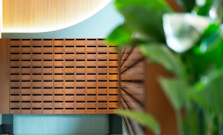 A wide view of a modern lobby area featuring a large, illuminated wall covered entirely with numerous small, numbered wooden mailboxes with metallic locks. A large, out-of-focus plant is visible in the foreground to the right.