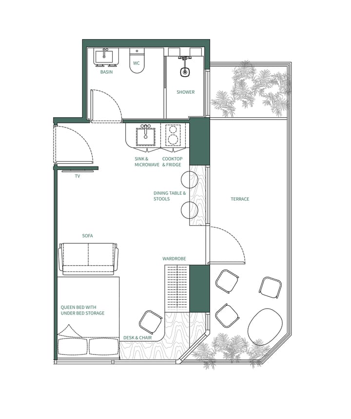 A top-down floor plan layout of a luxe terrace suite showing a queen bed, a sofa, a desk with a chair, a kitchenette with a sink and cooktop, a bathroom, and a large, angled outdoor terrace with seating for two.