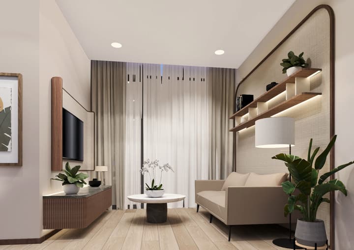 A minimalist apartment living room with light wood flooring, sheer white curtains, a neutral sofa, floating TV console, and open shelving with integrated lighting.