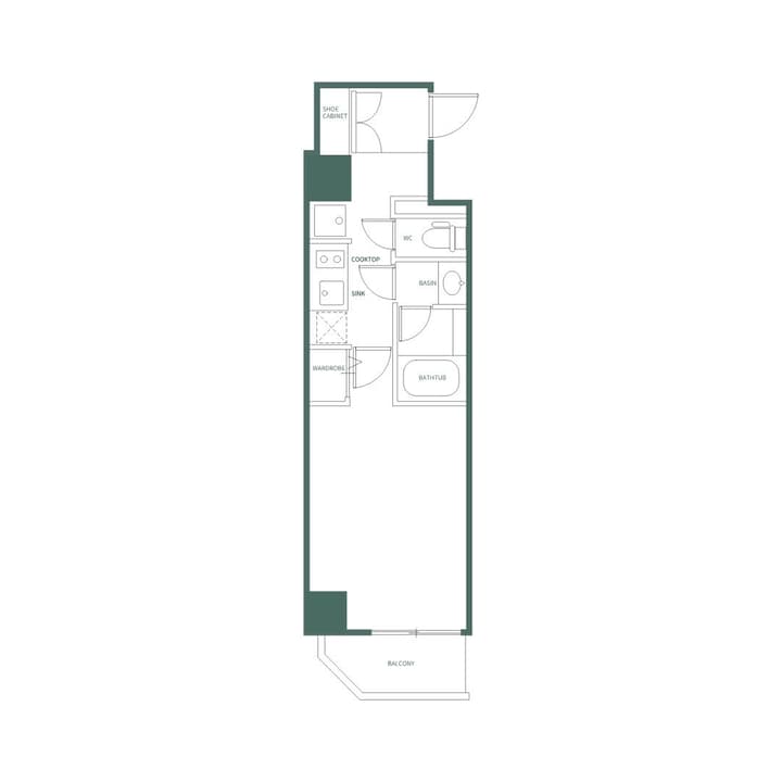 Floor plan for a studio apartment, Unit E, showing the layout with a compact kitchen, bathroom, wardrobe, and balcony, with labels in English.