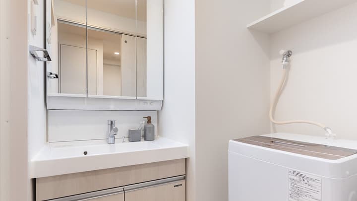 Modern bathroom vanity with a white sink and mirrored cabinet, next to a dedicated area with an in-unit washing machine.