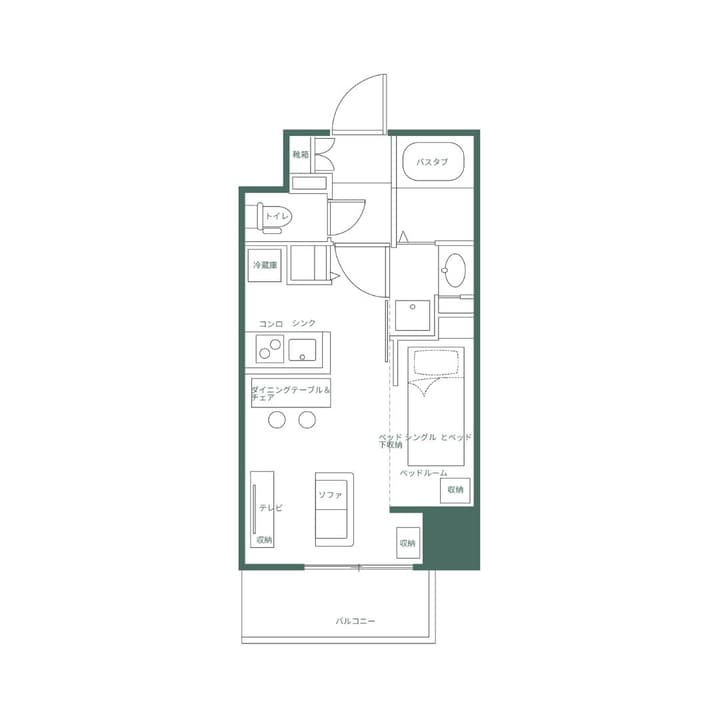 Floor plan for a one-bedroom unit, showing the layout of the bathroom, kitchen, bedroom, living area, and balcony with Japanese text labels.