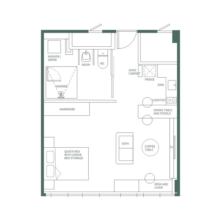 Detailed floor plan illustration of the Junior Luxe Suite with English labels, showing the large, open layout including the bathroom (with Washer/Dryer), kitchen, queen bed, separate sofa and coffee table, and desk area.