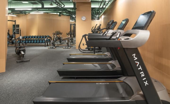A commercial fitness center with a row of black and silver treadmills in the foreground and weight machines and racks in the background.
