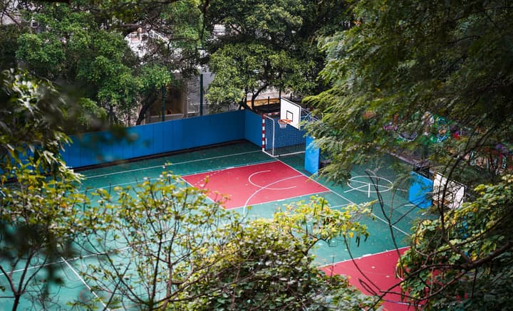 Overhead view of a colorful, fenced outdoor sports court (likely basketball and soccer/futsal) with green and red sections, framed by dense trees.