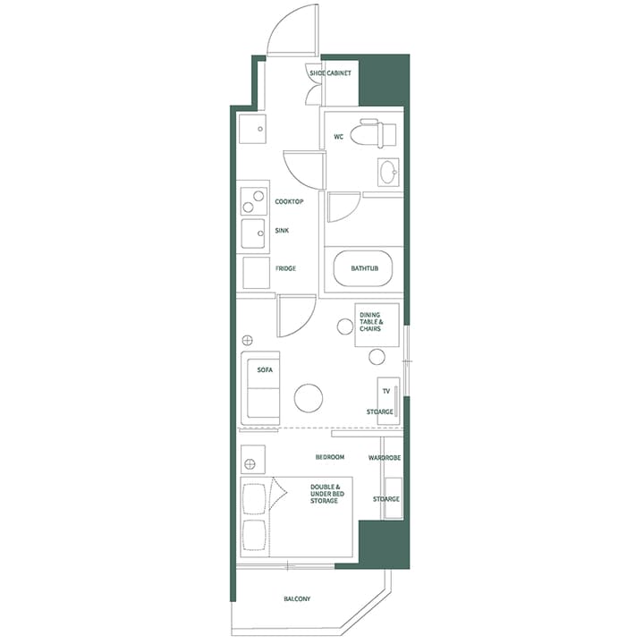 Schematic floor plan of the Ryogoku One Bedroom Unit A, showing the layout with English labels for the balcony, bedroom, living area (sofa, TV), kitchen (fridge, cooktop), bathroom, and WC.