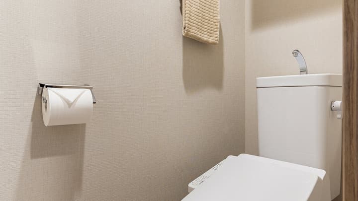 View of a Japanese-style toilet room, showing a washlet seat, a sink on top of the tank, and a chrome toilet paper holder on textured beige wallpaper in Monzennakacho.