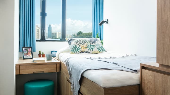 Bright, compact single bedroom featuring a built-in wooden bed frame with under-bed storage, an integrated desk with a teal stool, a tropical print pillow, and large windows with blue curtains offering a city view.