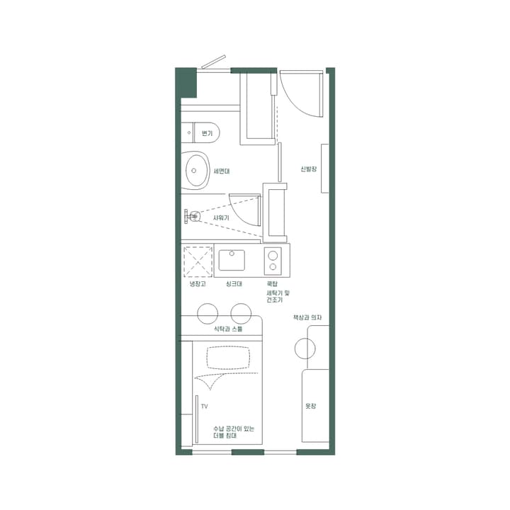Floor plan illustration of the Premium Suite Double (Desk Layout) with all labels in Korean, showing the bathroom, kitchen, and living area, with a 책상과 의자 (desk and chair) next to the wardrobe.