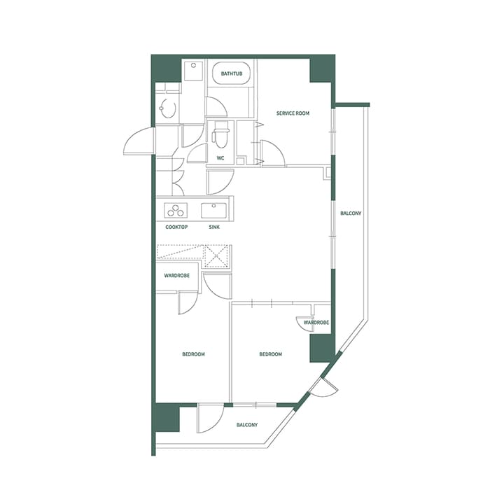 Monochrome line drawing of a three-bedroom apartment floor plan with a service room, two balconies, two wardrobes, a bathtub, and a separate WC, labeled in English.
