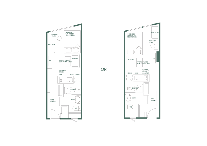A side-by-side comparison of two floor plan options for the Premium Suite Queen, illustrating the different unit layouts with all labels in Korean (e.g., 수납 공간이 있는 퀸 침대, 소파베드, 넓은 식탁).