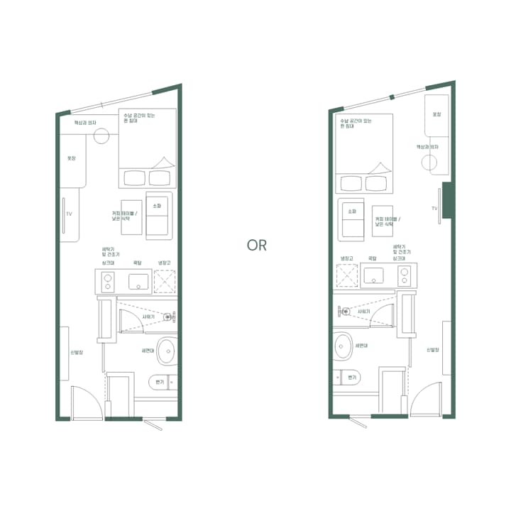 A side-by-side comparison of two floor plan options for the Premium Suite Queen, illustrating the different unit layouts with all labels in Korean (e.g., 수납 공간이 있는 퀸 침대, 소파, 넓은 식탁).