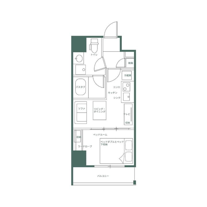Floor plan of a one-bedroom apartment with English labels, featuring a double bed with under-bed storage, separate bath and WC, living/dining area, and a balcony.