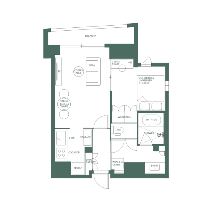 Detailed floor plan for a studio or one-bedroom apartment unit (Type AL 405) showing a living area, separate bedroom with a queen bed, kitchen, bathroom, and a balcony.