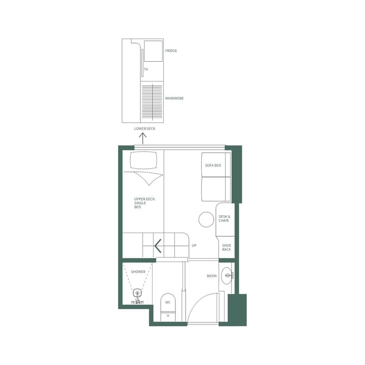 Floor plan for a Studio Single unit, showing a single bed (labeled "Upper Deck: Single Bed"), a sofa bed, a desk, a bathroom with separate shower and WC, and a galley-style storage area with a fridge, TV, and wardrobe.