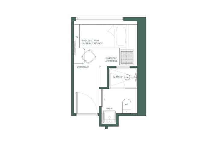 Top-down floor plan layout of a WSKT Studio Single apartment, showing a single bed with under-bed storage, a separate workspace desk, a wardrobe/fridge unit, and a private ensuite bathroom with a sink, toilet, and corner shower.