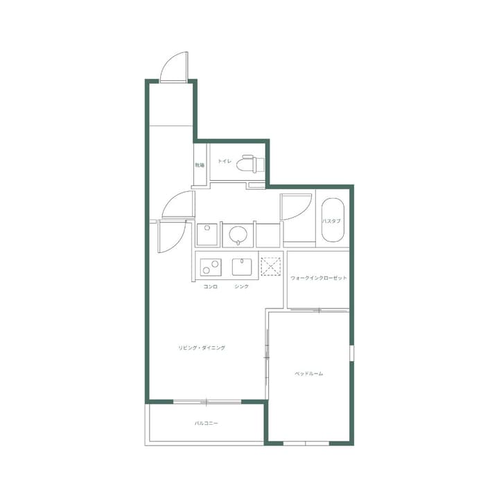 Architectural floor plan of a one-bedroom apartment unit in Higashi Koenji, Japan, with labels in Japanese (e.g., リビング・ダイニング for living/dining, ベッドルーム for bedroom, and バス_タブ for bathtub).