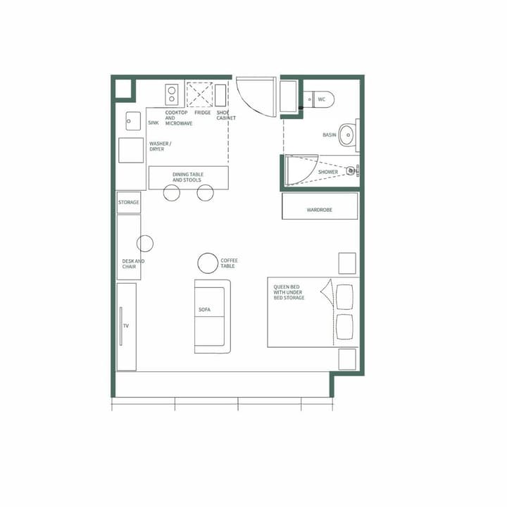 Architectural floor plan for the Junior Luxe Suite studio apartment, showing the integrated living, sleeping, kitchen, and bathroom areas.