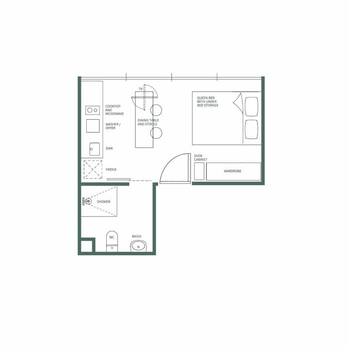 Floor plan for the Premium Suite, showing a combined sleeping and dining area, a separate full kitchen with a washer/dryer, and a full bathroom with shower.