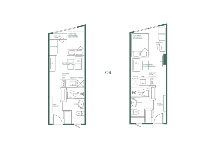 A side-by-side comparison of two floor plan options for the Premium Suite Queen, illustrating the different positions for the kitchen, queen bed with under-bed storage, sofa, and wardrobe/desk areas, with all labels in English.