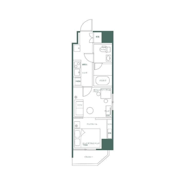 Schematic floor plan of a one-bedroom apartment unit with Japanese labels, showing the balcony, bedroom, living area, kitchen, bathroom, toilet, and entrance.