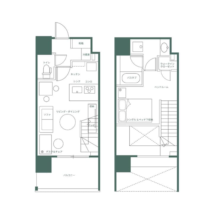 Floor plan diagram for a two-level loft unit at Waseda Park, showing the living area and bedroom, with labels in Japanese.