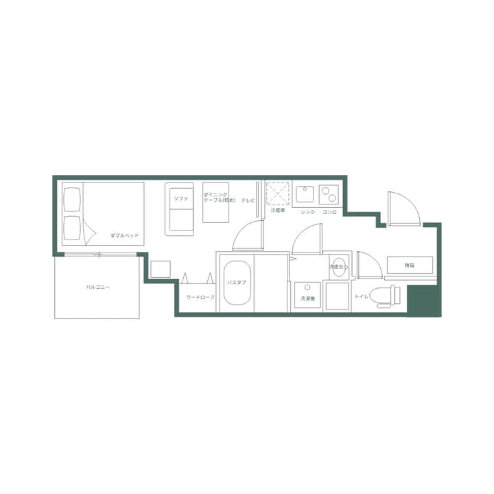 Furnished apartment floor plan with Japanese labels, showing a double bed, sofa, dining table, TV, kitchen area, bathtub, wardrobe, washing machine, toilet, and balcony.
