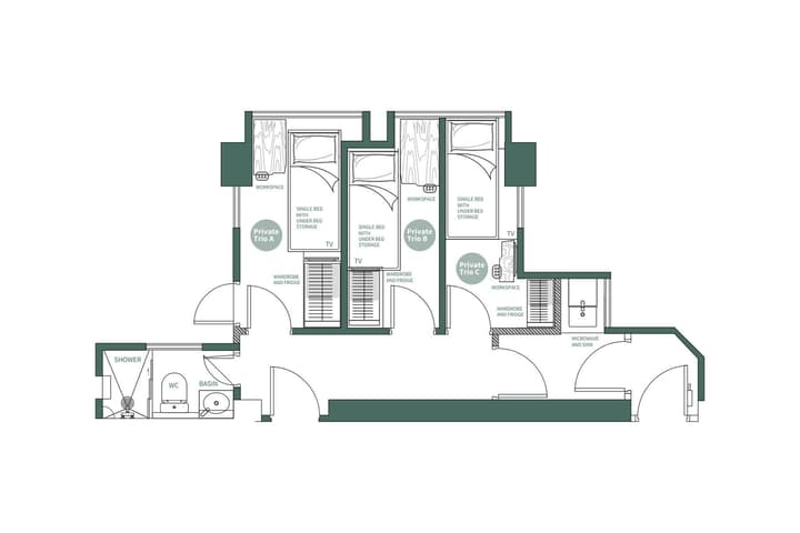 Top-down floor plan layout of a "Private Trio" co-living suite, showing three separate small bedrooms (A, B, and C), each with a single bed and storage, and a shared hallway connecting to one bathroom and a kitchenette area with a microwave and sink.