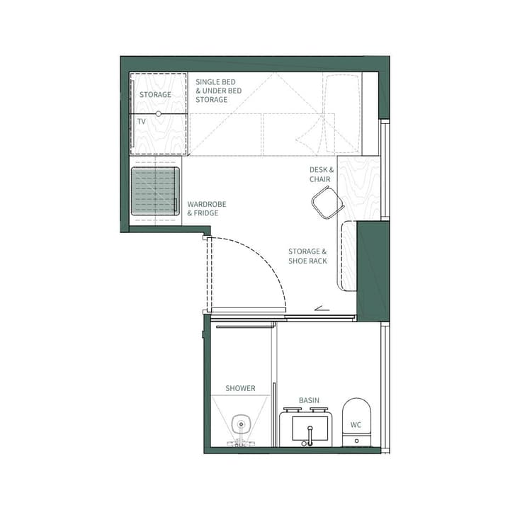 Floor plan of the Urban Suite unit at Weave Suites – Central West, showing a studio layout with a single bed, kitchenette, dining area, desk, and separate bathroom.