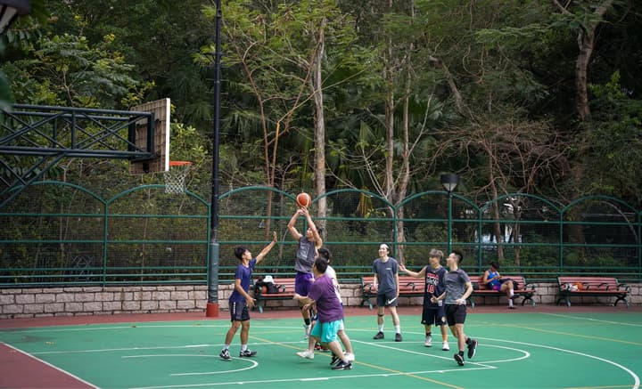 A group of young people playing a game of basketball on an outdoor court with a green surface. The court is surrounded by a low brick wall and a fence, with lush green trees and foliage in the background.