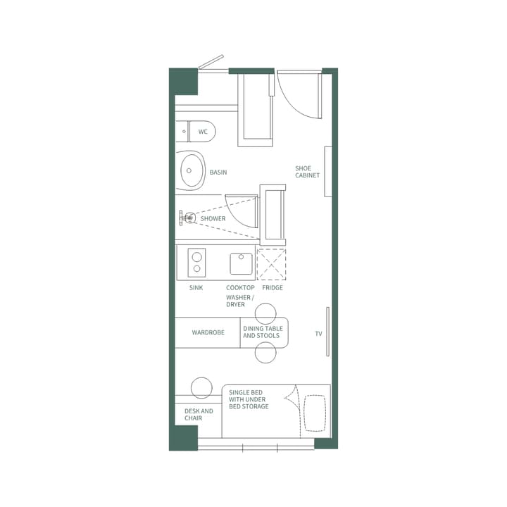 Detailed floor plan illustration of an Urban Suite apartment with English labels, showing the layout of the kitchen (Cooktop, Fridge, Washer/Dryer), bathroom (WC, Shower), and living area (Single Bed with Under Bed Storage, Wardrobe).
