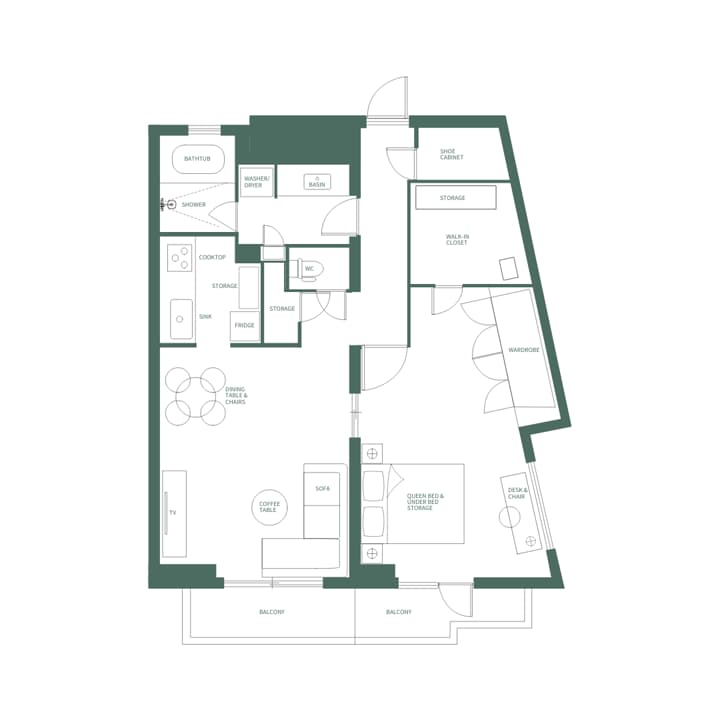 Detailed floor plan (Type E) of a 1-bedroom unit showing separate living and kitchen areas, two balconies, a walk-in closet, and a washer/dryer.