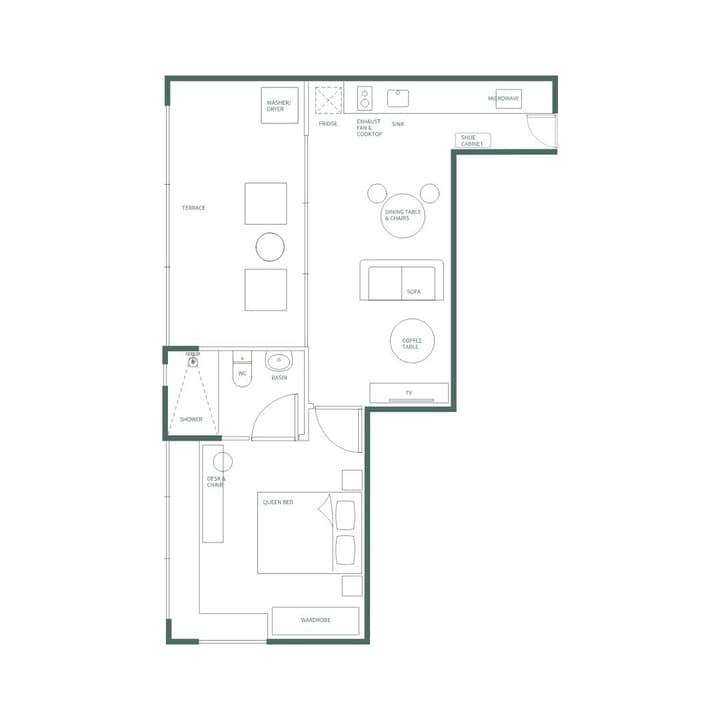 Architectural floor plan for a one-bedroom residence with a separate shower and WC, and a large outdoor terrace connected to the living area.